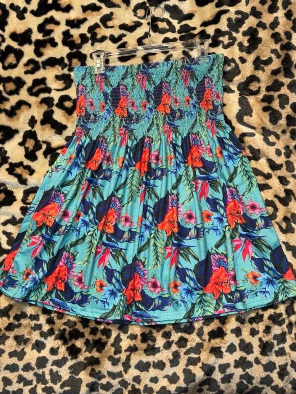 Womens XL Tropical Floral Smocked Strapless Tube Dress Mini Boho Beach Sundress